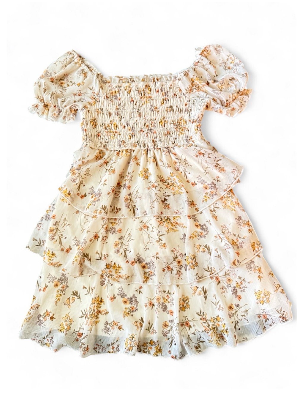 Smocked Tiered Mini Dress - Cream with Yellow Floral